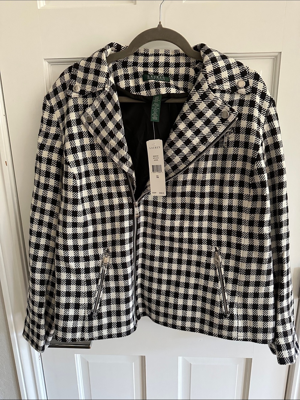 Lauren Ralph Lauren Black and White Checked Moto Blazer